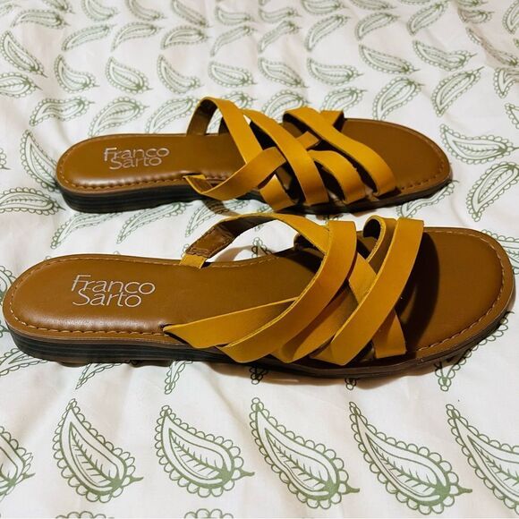 Franco Sarto Graceleigh Mustard Yellow Strappy Sandals Pull On Slides 8 - Picture 7 of 14